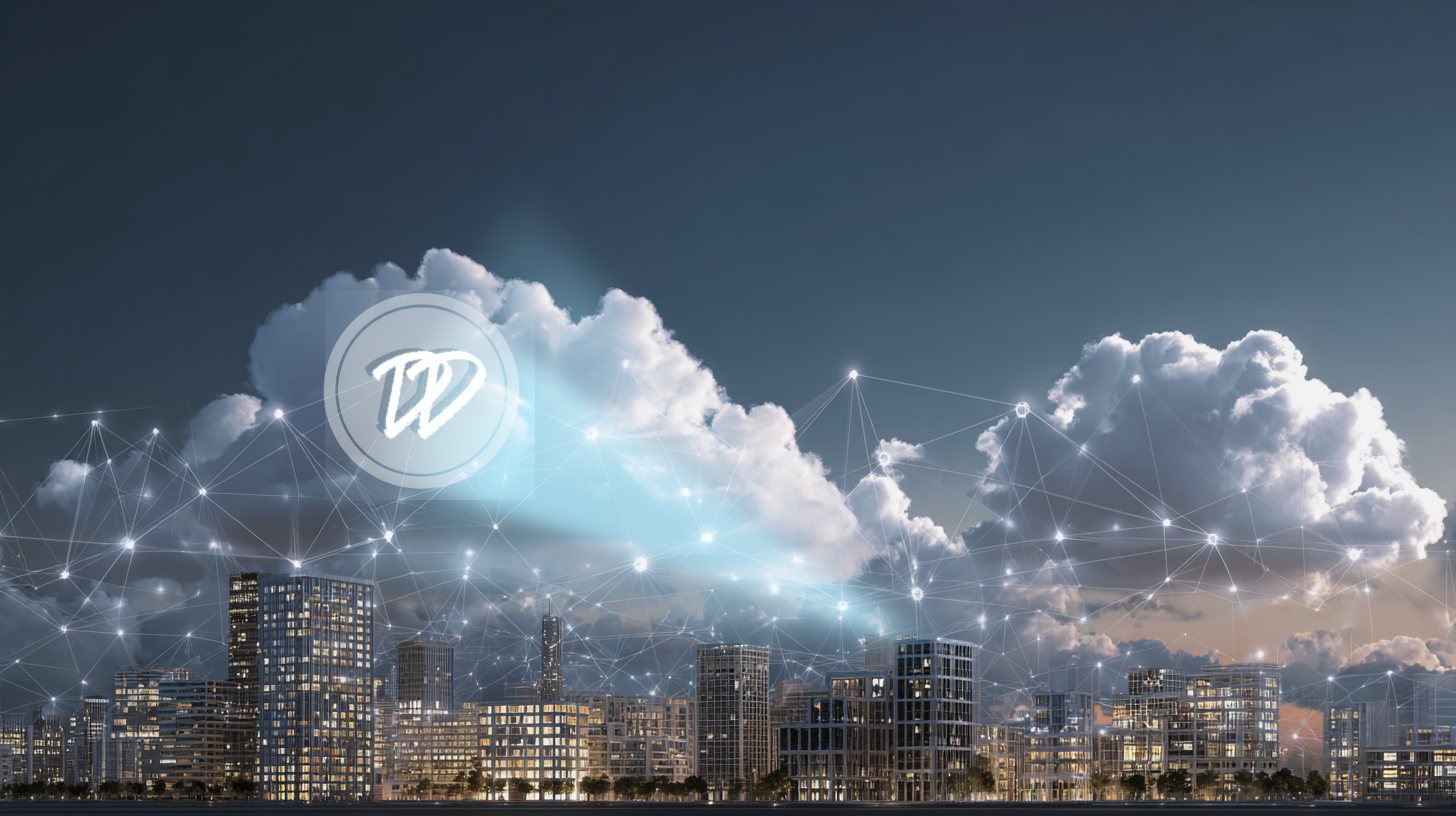 Il segnale Digital Dudes proiettato sulle nuvole sopra la città